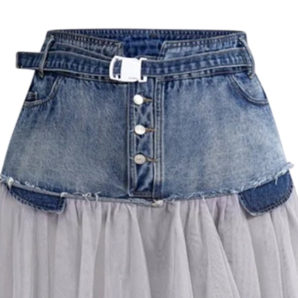 Micas denim & tulle midi skirt in light blue and gray - Picture 2 of 8